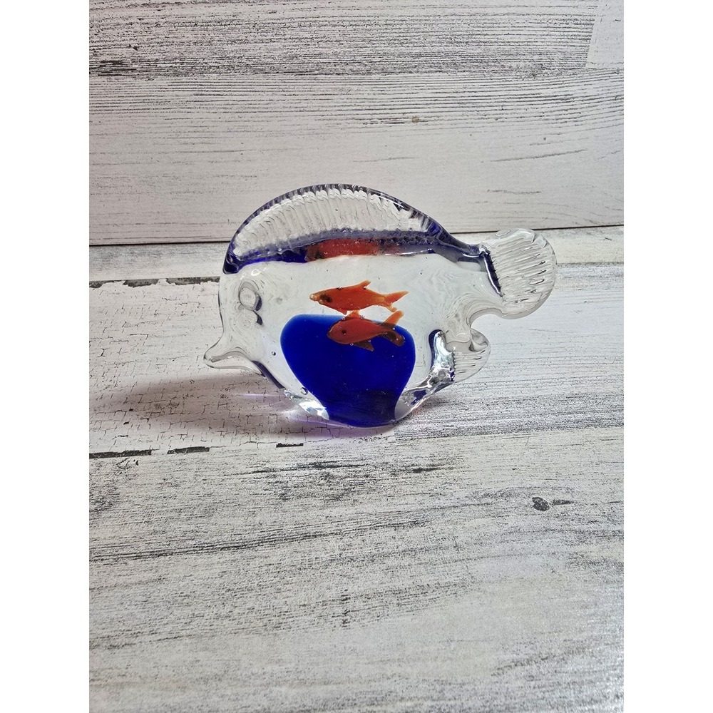 Art Glass Fish Paperweight Hand Blown Cobalt Blue Orange Internal Fish 4.5 inch
